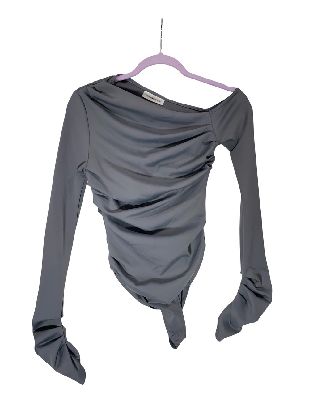 Maniere de voir Asymmetric Off-Shoulder Ruched Long Sleeve Top Gray Bodysuit - Picture 2 of 6